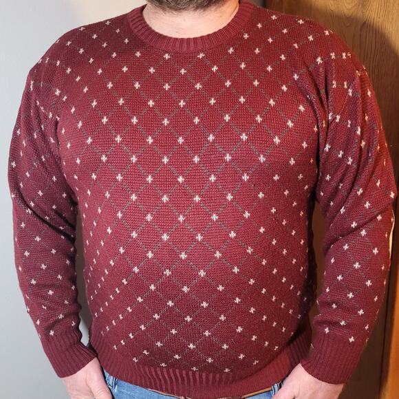 Vintage 80s Mens Maroon Diamond Sweater Sz Medium Elbow Patches Grandpacore - Picture 2 of 10
